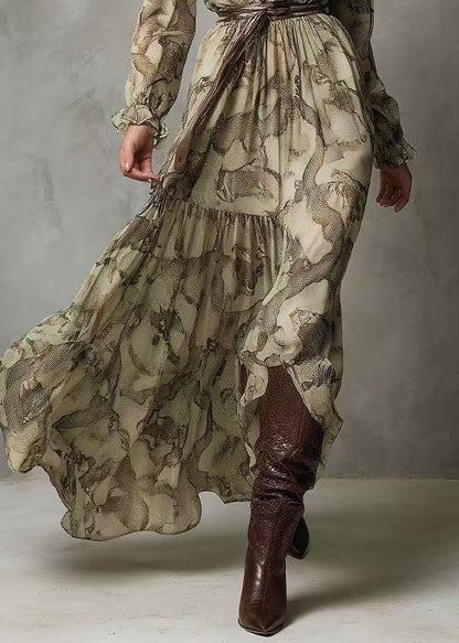 New Green V Neck Ruffled Patchwork Chiffon Long Dresses Summer