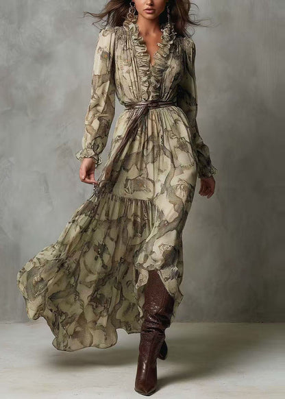 New Green V Neck Ruffled Patchwork Chiffon Long Dresses Summer