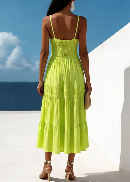 New Green V Neck Wrinkled Patchwork Cotton Dresses Summer