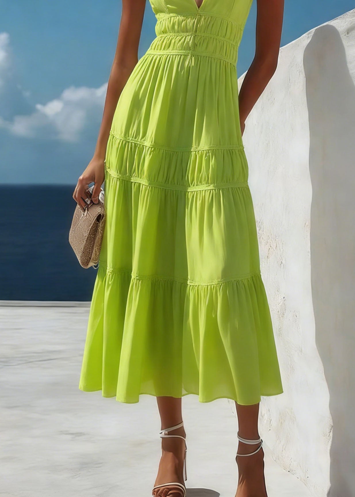 New Green V Neck Wrinkled Patchwork Cotton Dresses Summer