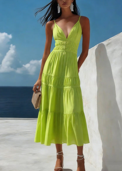 New Green V Neck Wrinkled Patchwork Cotton Dresses Summer