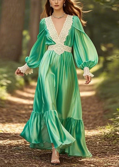 New Green V Neck Wrinkled Patchwork Silk Long Dress Spring