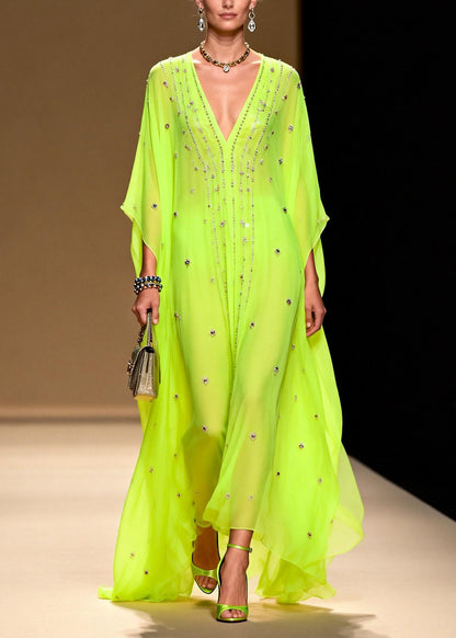 New Green V Neck Zircon Patchwork Chiffon Dresses Summer