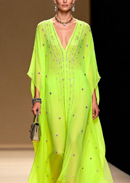 New Green V Neck Zircon Patchwork Chiffon Dresses Summer