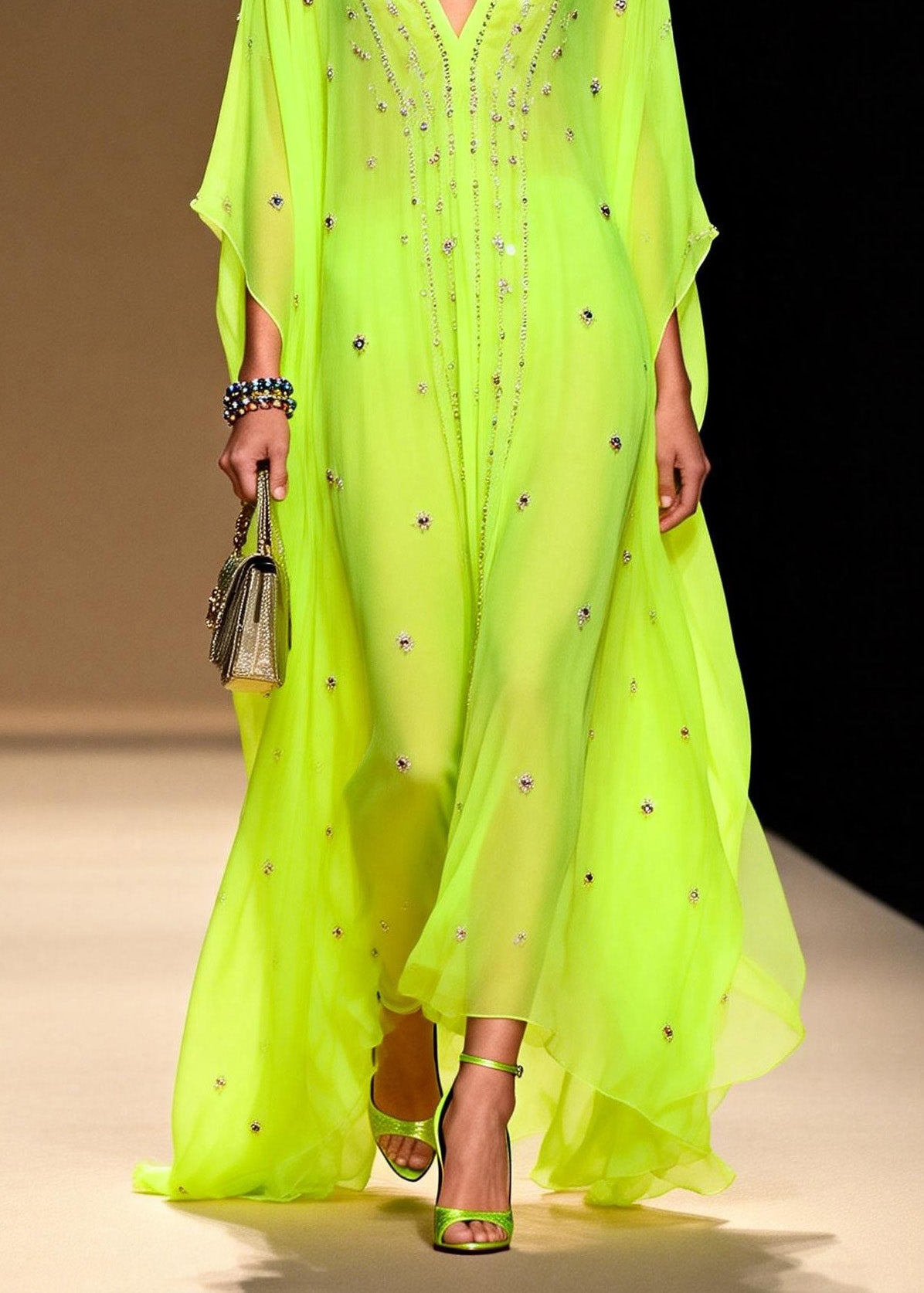 New Green V Neck Zircon Patchwork Chiffon Dresses Summer