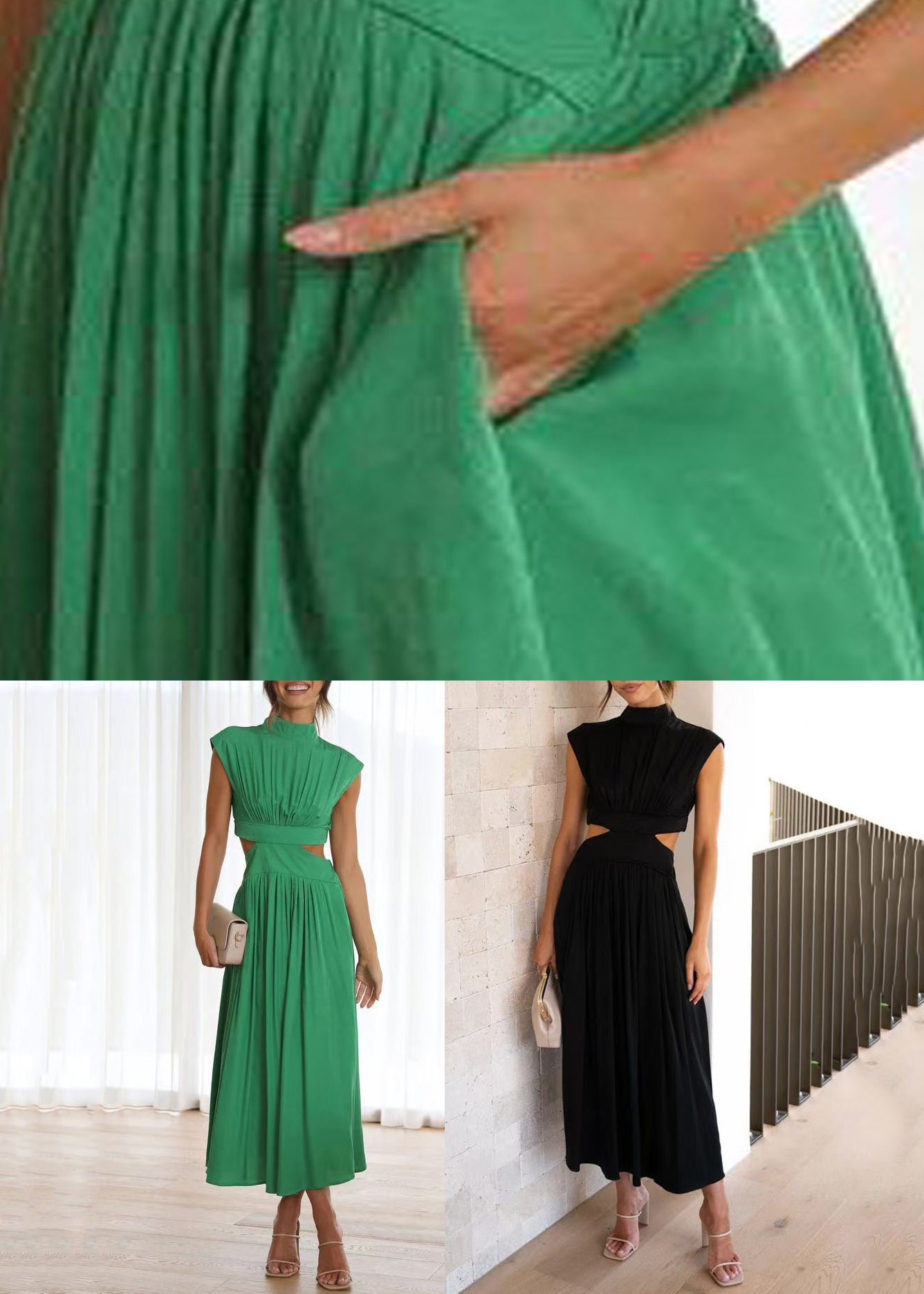 New Green Wrinkled Hollow Out Cotton Long Dress Summer