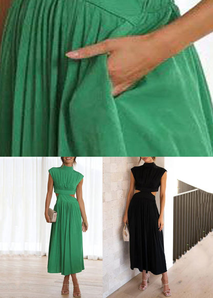 New Green Wrinkled Hollow Out Cotton Long Dress Summer