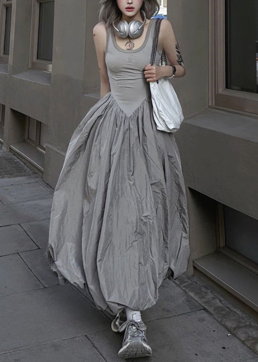 New White polka dots Backless Patchwork Cotton Long Dresses Sleeveless