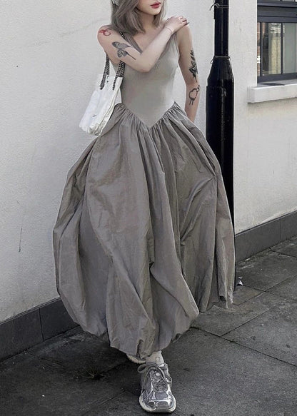 New White polka dots Backless Patchwork Cotton Long Dresses Sleeveless