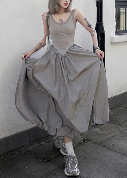 New White polka dots Backless Patchwork Cotton Long Dresses Sleeveless