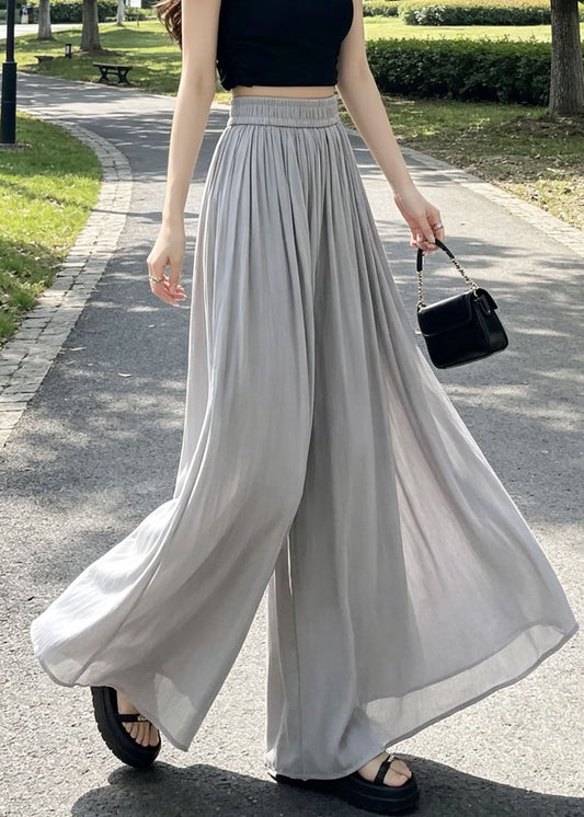 New Grey Elastic Waist Patchwork Linen Silk Wide Leg Pants Summer