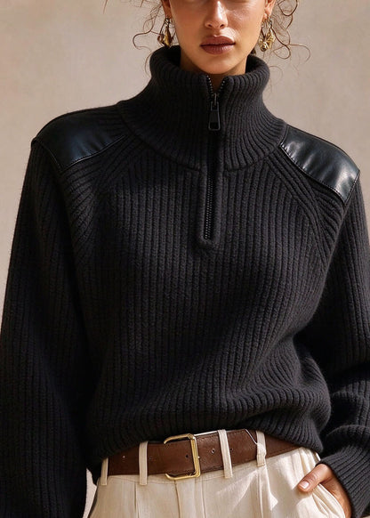 New Grey Hign Neck Faux Leather Patchwork Knit Sweaters Fall