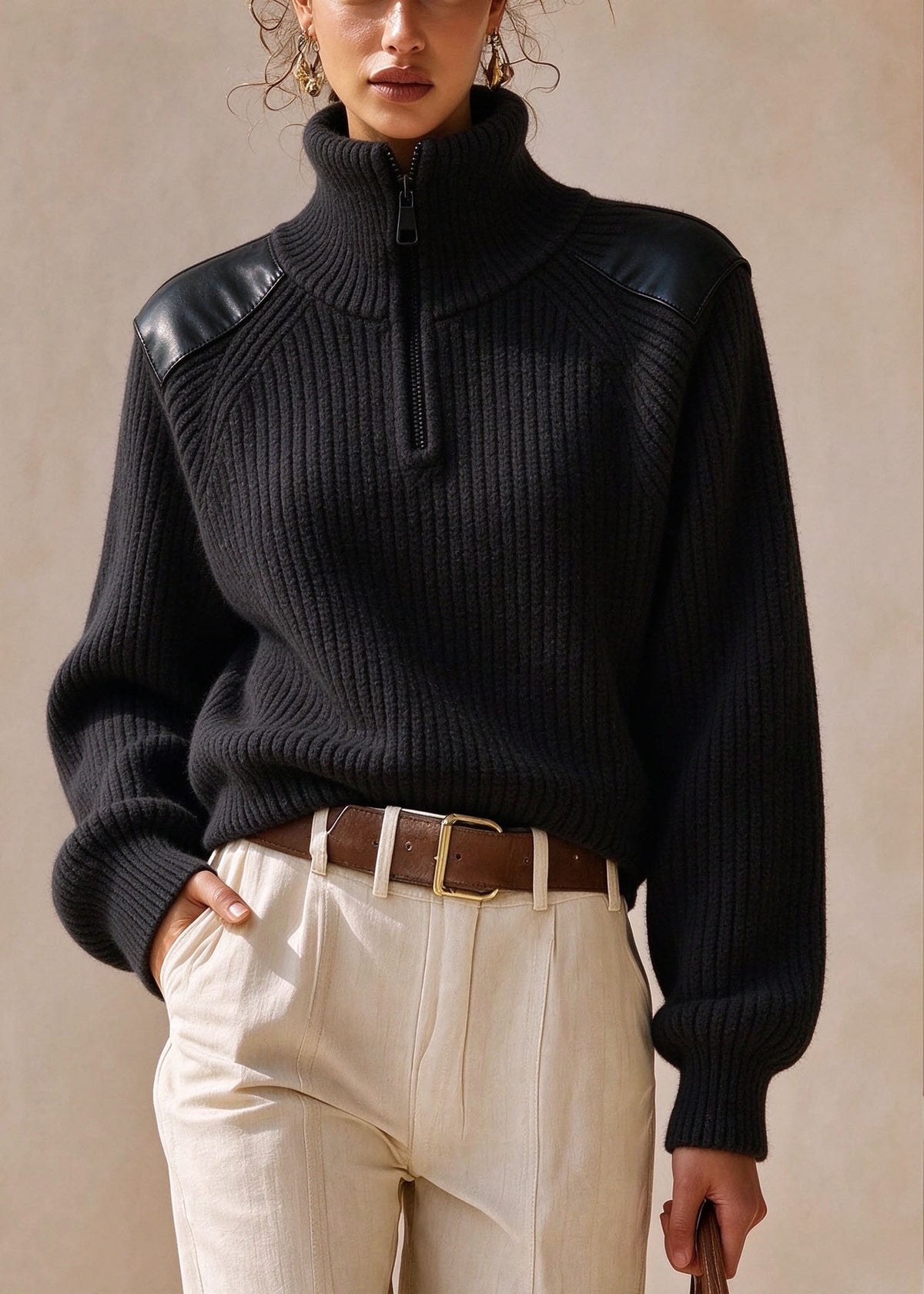 New Grey Hign Neck Faux Leather Patchwork Knit Sweaters Fall