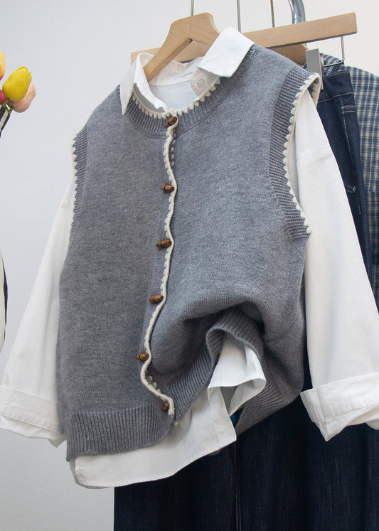 New Grey O Neck Button Knit Vest Sleeveless
