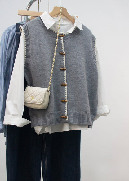 New Grey O Neck Button Knit Vest Sleeveless