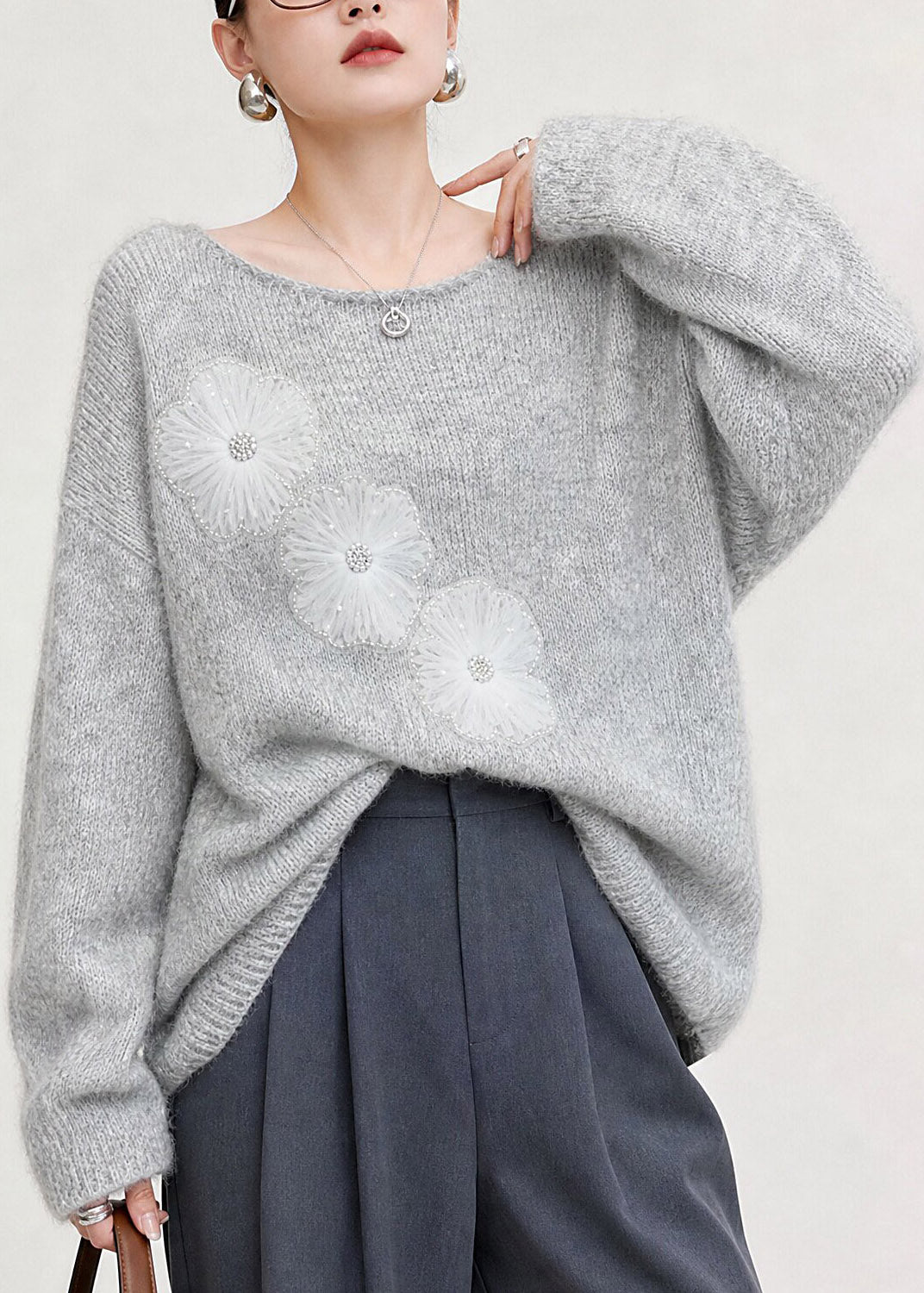 New Grey O-Neck Cotton Knit Sweater Tulle Floral Fall