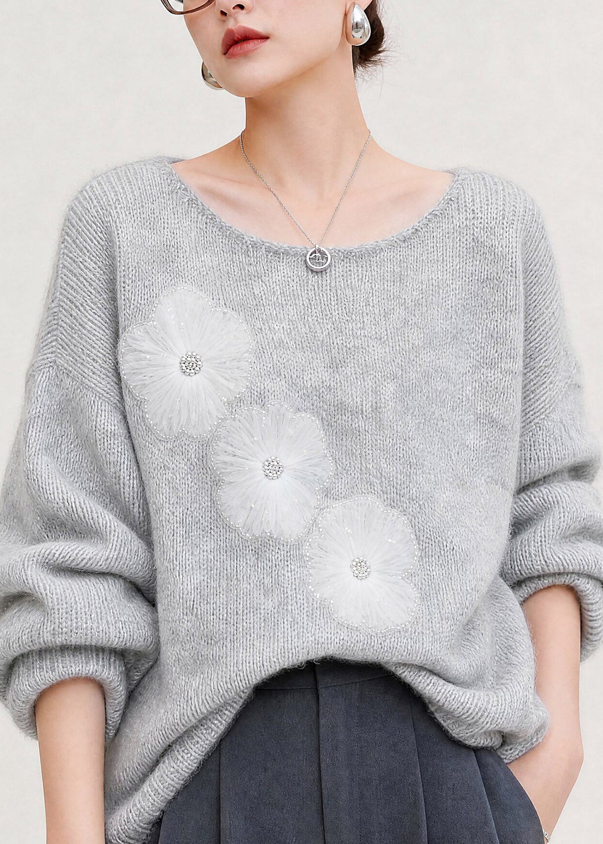 New Grey O-Neck Cotton Knit Sweater Tulle Floral Fall