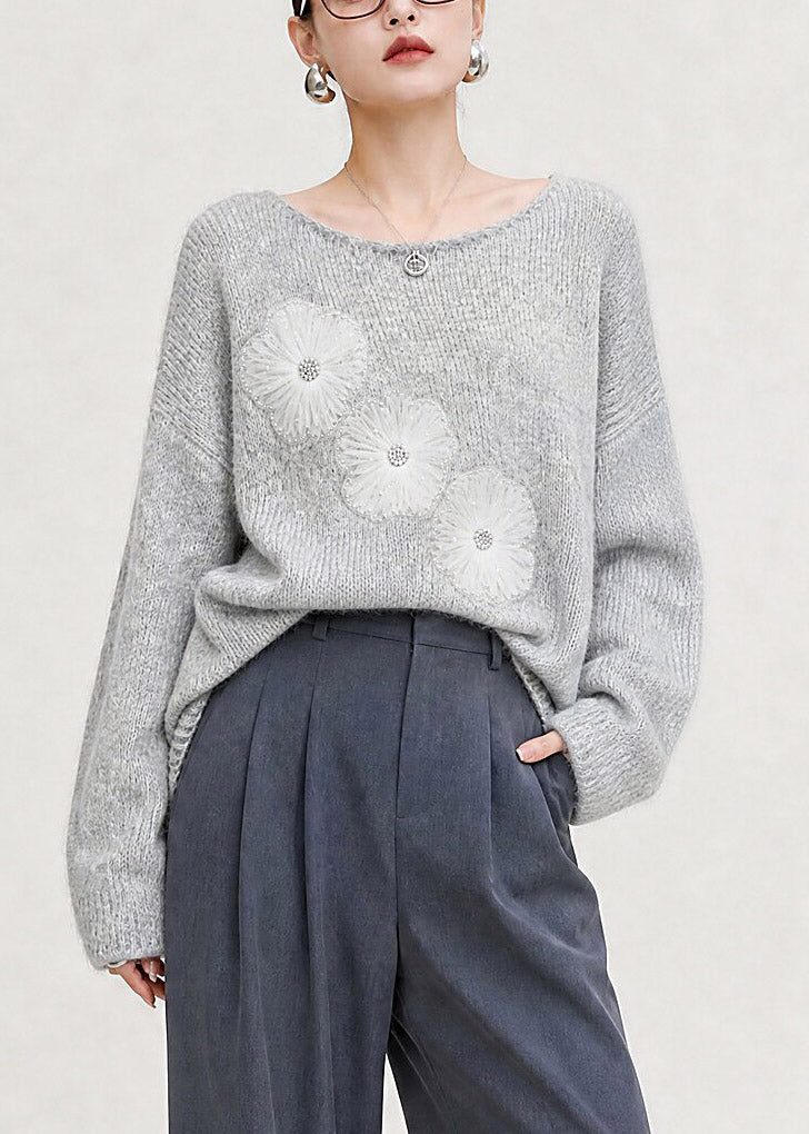 New Grey O-Neck Cotton Knit Sweater Tulle Floral Fall