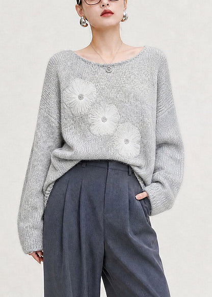 New Grey O-Neck Cotton Knit Sweater Tulle Floral Fall