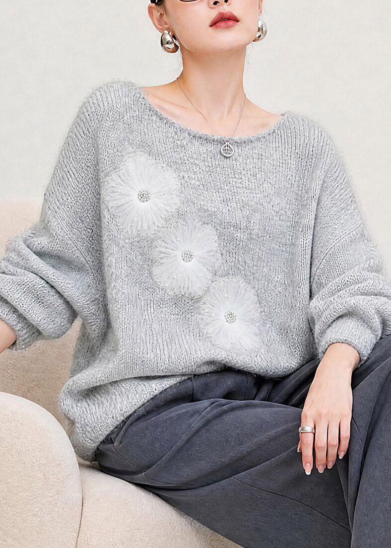 New Grey O-Neck Cotton Knit Sweater Tulle Floral Fall