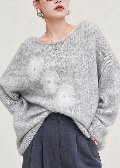New Grey O-Neck Cotton Knit Sweater Tulle Floral Fall