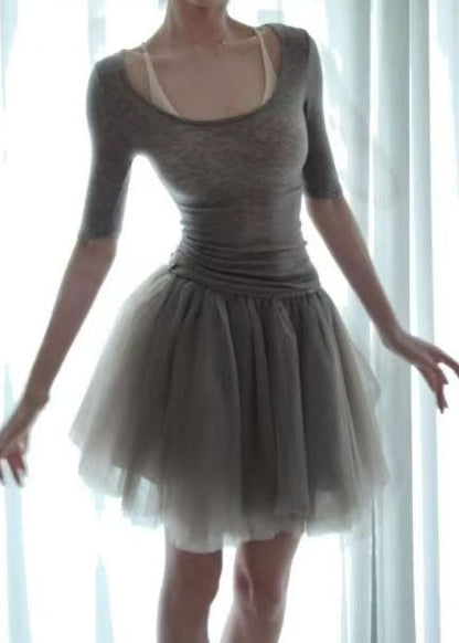 New Grey O Neck Cotton Top And Tulle Skirts Two Piece Set Fall