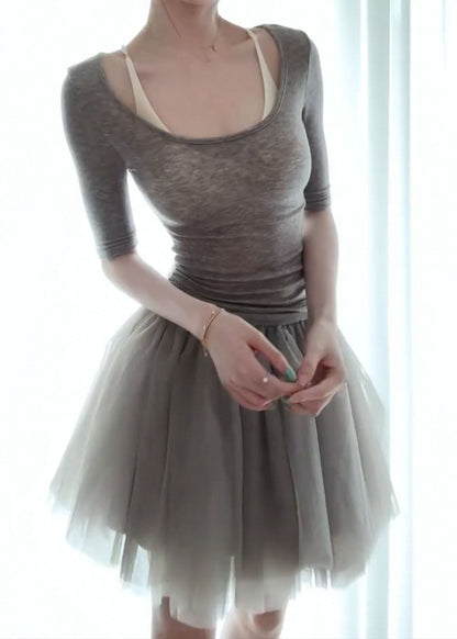 New Grey O Neck Cotton Top And Tulle Skirts Two Piece Set Fall