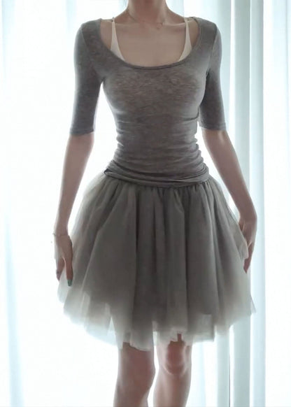 New Grey O Neck Cotton Top And Tulle Skirts Two Piece Set Fall