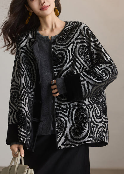 New Grey O Neck Jacquard Button Cotton Coat Outwear Spring