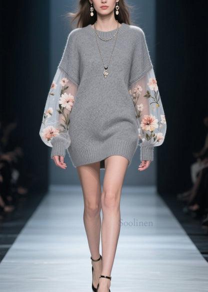 New Grey O Neck Tulle Patchwork Knit Knitwear Dress Fall