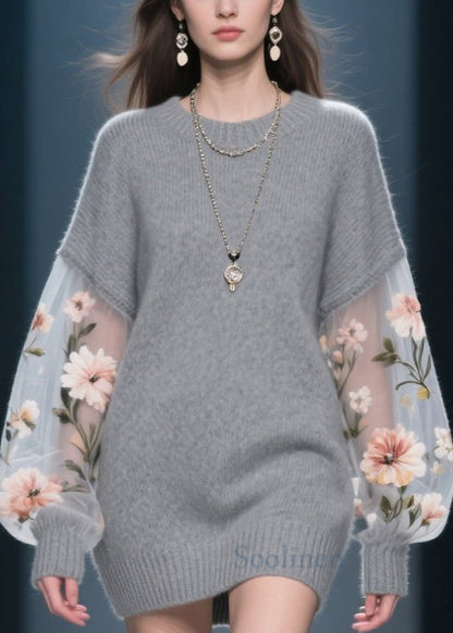 New Grey O Neck Tulle Patchwork Knit Knitwear Dress Fall