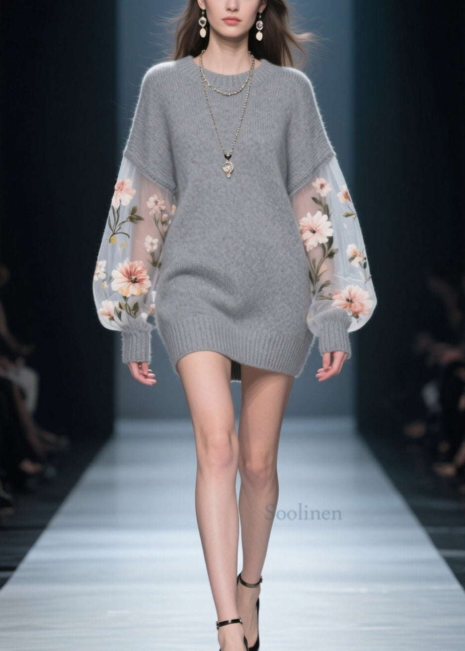 New Grey O Neck Tulle Patchwork Knit Knitwear Dress Fall