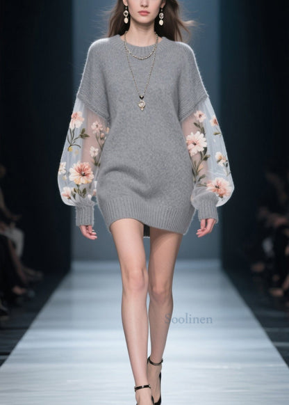 New Grey O Neck Tulle Patchwork Knit Knitwear Dress Fall