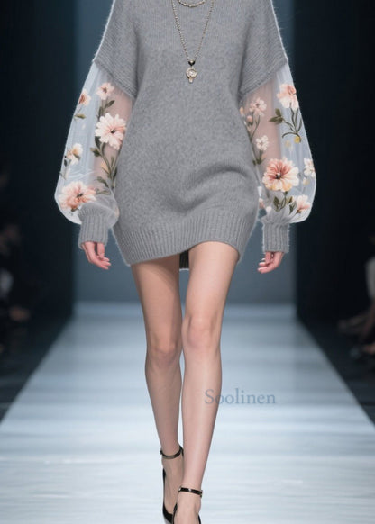 New Grey O Neck Tulle Patchwork Knit Knitwear Dress Fall