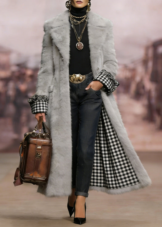 New Grey Peter Pan Collar Plaid Patchwork Faux Fur Coat Winter