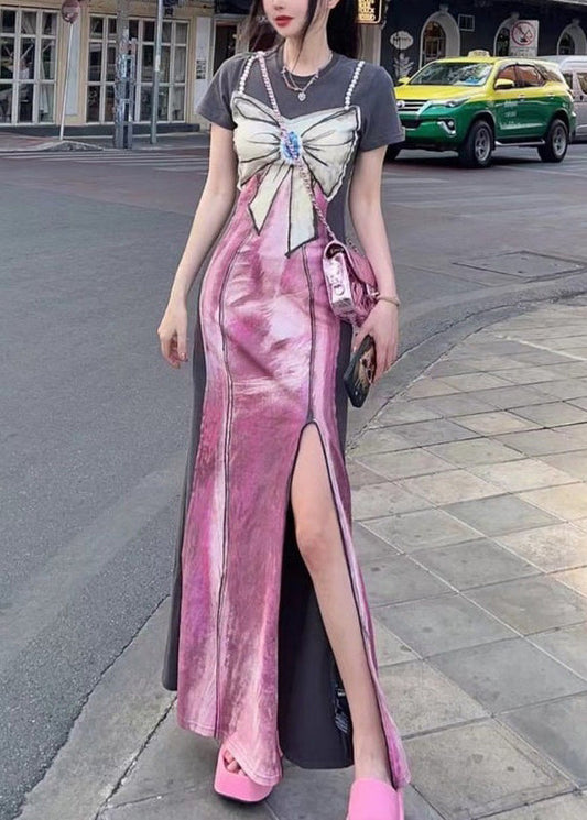 New Grey Print Side Open Patchwork Cotton Long Dresses Summer