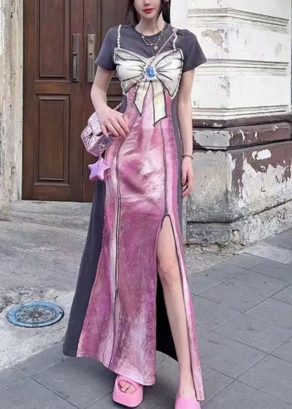 New Grey Print Side Open Patchwork Cotton Long Dresses Summer