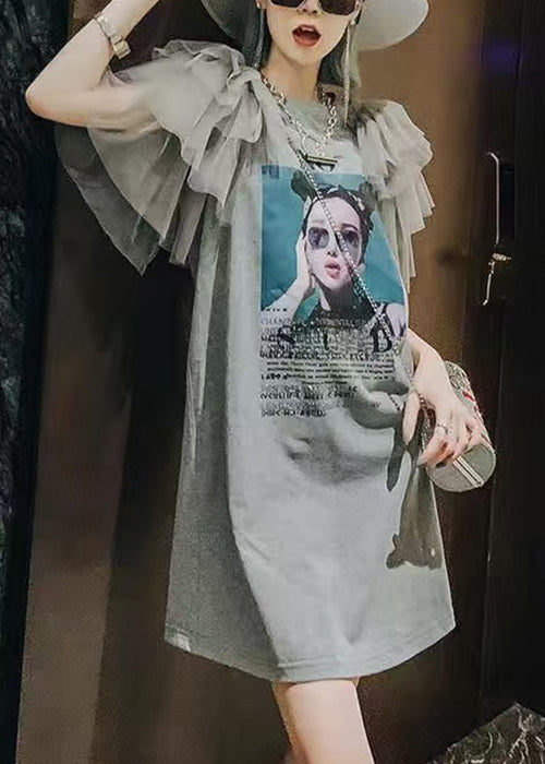 New Grey Print Tulle Patchwork Cotton T Shirts Dress Summer