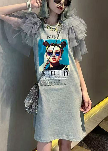 New Grey Print Tulle Patchwork Cotton T Shirts Dress Summer