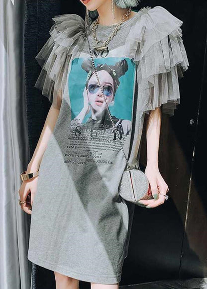New Grey Print Tulle Patchwork Cotton T Shirts Dress Summer