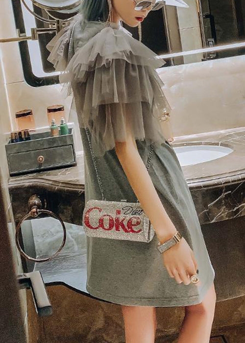 New Grey Print Tulle Patchwork Cotton T Shirts Dress Summer