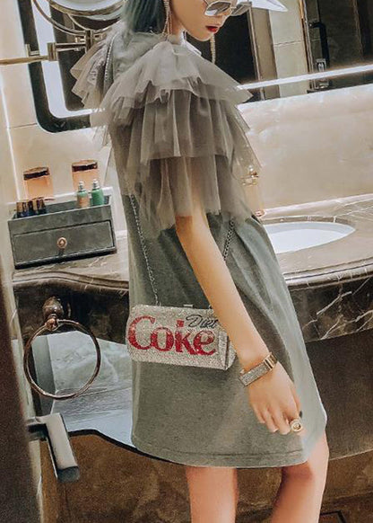 New Grey Print Tulle Patchwork Cotton T Shirts Dress Summer