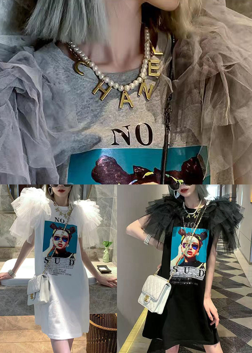 New Grey Print Tulle Patchwork Cotton T Shirts Dress Summer