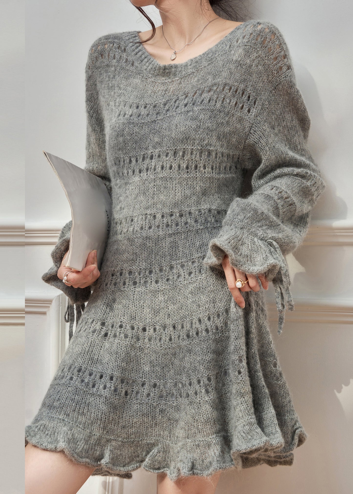 New Grey Ruffled Hollow Out Lace Up Knit Sweater Dress Fall
