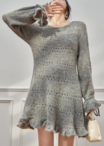 New Grey Ruffled Hollow Out Lace Up Knit Sweater Dress Fall
