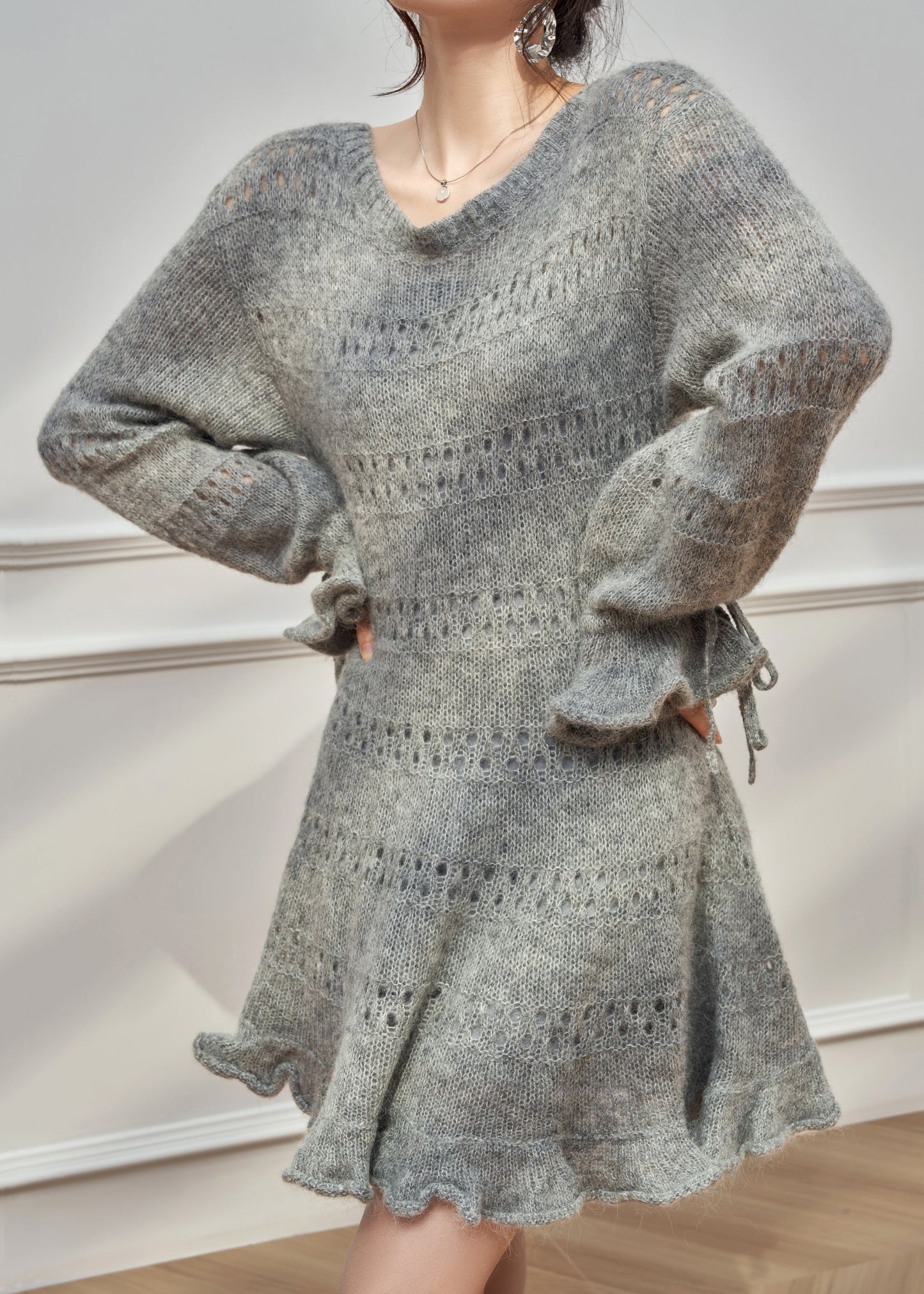 New Grey Ruffled Hollow Out Lace Up Knit Sweater Dress Fall