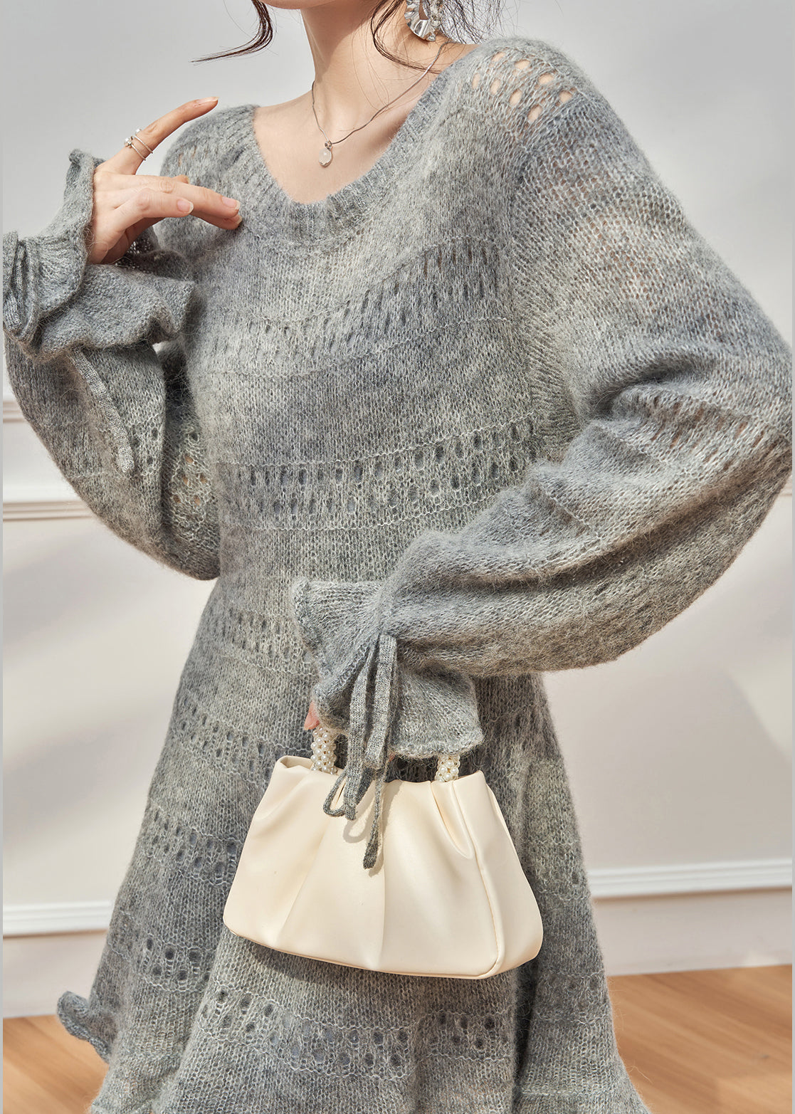 New Grey Ruffled Hollow Out Lace Up Knit Sweater Dress Fall