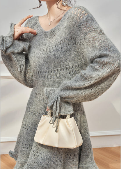 New Grey Ruffled Hollow Out Lace Up Knit Sweater Dress Fall
