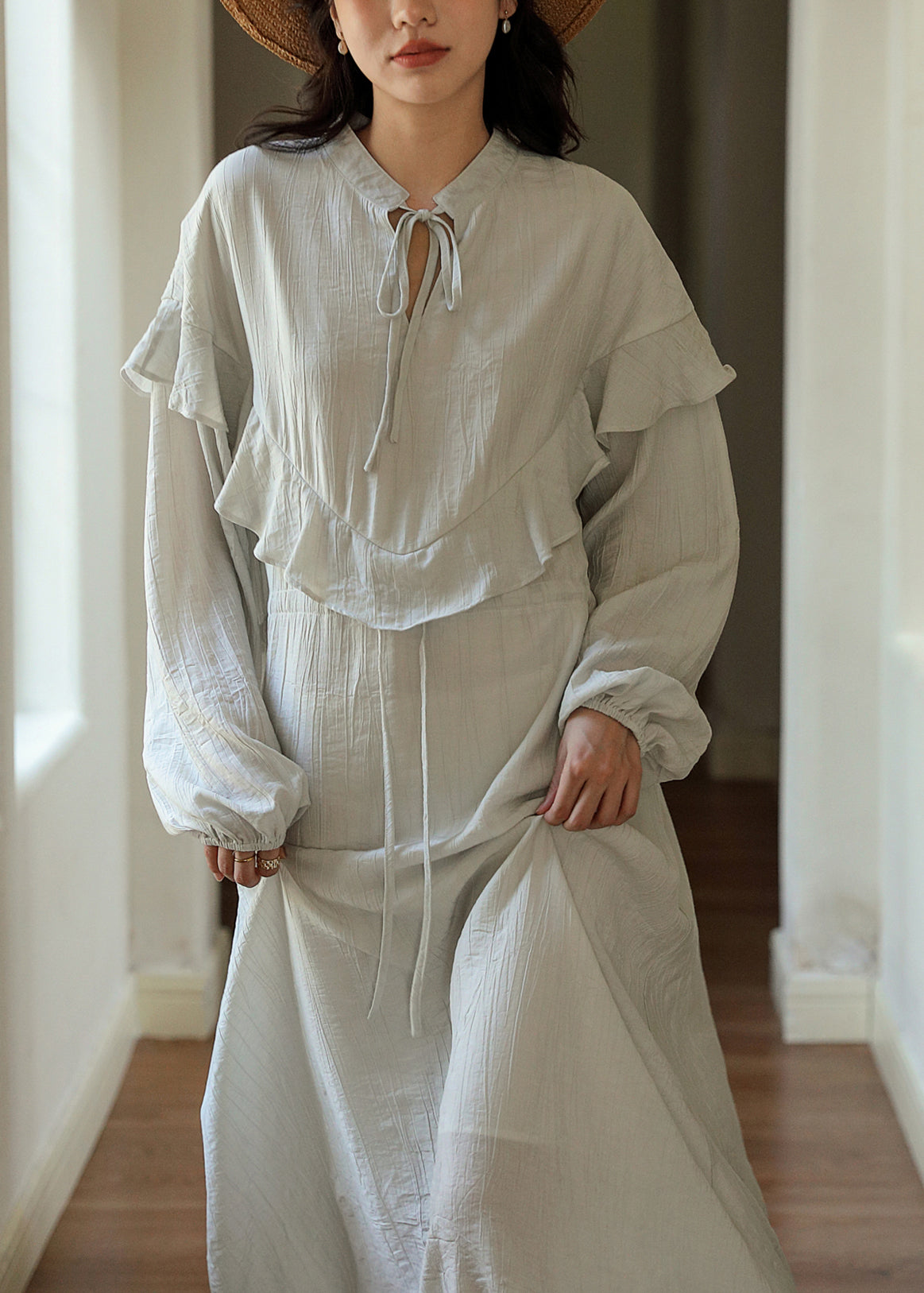 New Grey Ruffled Lace Up Patchwork Cotton Dress Fall