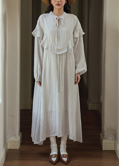 New Grey Ruffled Lace Up Patchwork Cotton Dress Fall